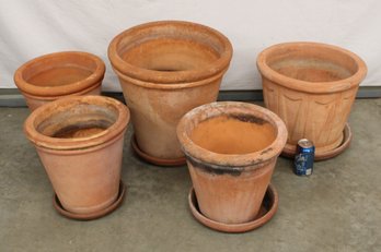 Lot Of 5 Clay Flower Pots W/clay Saucers, 12'-16'H  (244)