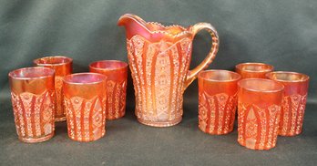 Impressive Marigold Carnival Glass Pitcher 7'H) & 8 Tumblers (4' & 4.5'H)  (245)
