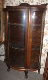 Antique Oak Bow Front Claw Footed Curved Glass China Cabinet W/ Back Splash, Original Finish, 4 Shelves  (246)