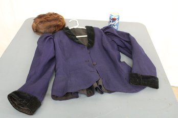 Antique Woman's Jacket With Velvet Trim & Fur Hat, Small (247)
