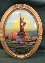 Antique Oval  Convex Glass Framed Painting  Of Statue On Glass Of Liberty, 17x 23'H  (24)