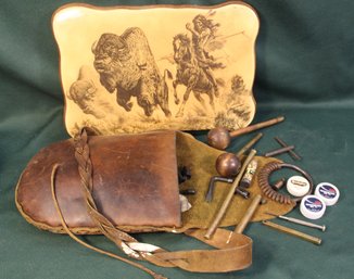 Leather Pouch W/black Powder Supplies &  14x9'H Decopauge Plaque & Maiden Figurine (24)