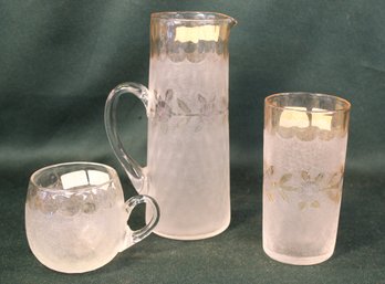 3 Pcs 'Pomona' New England Glass Co. 1885-1886 1st Grind Buttermilk Pitcher, Tumbler & Cup (252)
