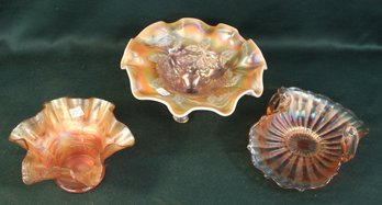 3 Pcs Carnival Glass - 8'D Footed Bowl, 7' Handled Plate, 6' Bowl W/chip On Foot   (253)