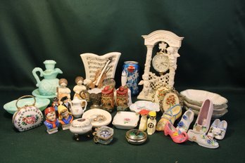Porcelain Trinkets, Trinket Boxes, Avon Dishes, Clock, Vintage Salt & Pepper Shakers  (258)