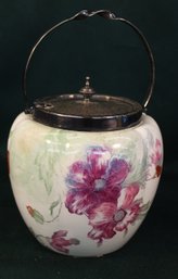 Antique Hand Painted Porcelain Biscuit Jar, Broken Hinge, 6'H  (259)