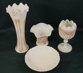 4 Pcs Northwood Custard Glass - 6' Goblet, 3.5' Vase, 9' Vase, 6'D Footed Plate  (260)