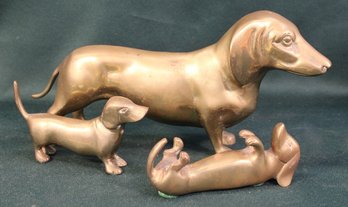 Vintage Solid Brass Dachshund Mother  (12' Long) & 2 Pups (5' Long) (266)