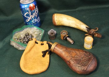 Cow Horn & Brass Powder Horn, Leather Pouch, Shot & Brunswick Dental Floss Tin, 1.5'H, More  (26)