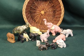 Vintage Elephant Figurine Collection In Basket  (276)