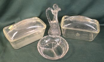 2 Westinghouse Covered Pans, Divided Glass Bowl, Pressed Glass Cruet W/stopper 9'H  (278)