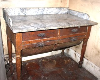 Antique Marble Top Oak Bin Table, Original Bulldog Handles, Pull Out Work Surfaces Ca. 1880, 42x35x37'H  (278)