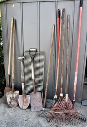 Assorted Yard Tools - 4 Shovels, 4 Rakes, Broom  (281)