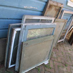 Stack Of 8 Wood Framed Old Clear Glass Windows   (286)