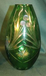 Antique 10' H,  Green Cut To Clear, Etched Cased Glass Vase  (288)