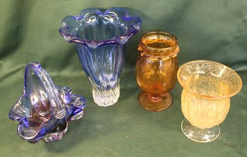 Large Blue Glass 10' Vase (sm Chip On Base), 2 Hand Blown 7 & 8'H Vases, Royal Gallery Czech Basket  (291)