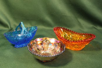 Antique 3 Colored Glass Bowls - Carnival Glass, Blue Basket & Amberina Bowl  (294)