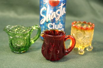 Antique 3 Small Pieces Colored Glass - Red & Green Creamers & Amberina Toothpick Holder  (295)