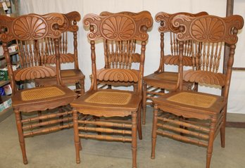 Beautiful Antique Set Of 6 Pressed Back Dining Chairs W/caned Seats (all Seats Are Intact)  (296)