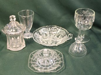 Vintage 6 Pcs Clear Pattern Glass - Covered Jar, Butter Dish, 8' Divided Bowl, Bell, More  (297)