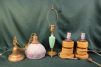 Hanging Lamp W/glass Shade & 3 Table Lamp Bases (9' Pr Wood Bases & 11'H Glass & Metal)  (29)