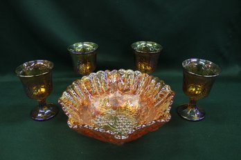VIntage Marigold Carnival Glass Bowl, 10'D And 4 Goblets, 5.5'H  (2)