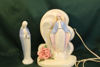 Glazed Ceramic Virgin Mary Lamp 12'H & Mary Figurine 9'H  (2)