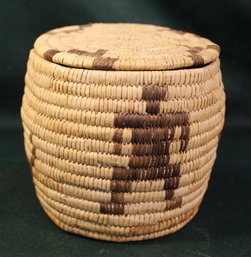 Vintage Papago Native American Figural Woven Basket W/ Flat Lid, 6x5' (2)