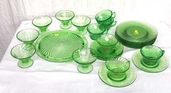 Green Uranium Depression Era Glass - 10' Cake Plate, 6 @8' Plates, 5 Saucers, 6 Cups,6 Sherbets   (303)
