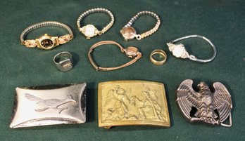 10k GF Ring, 5 Woman's Wrist Watches (Black Hills Gold, Belford, Benrus, Gruen, Hampden),3 Belt Buckles  (312)
