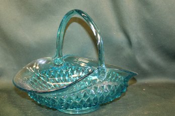 Large Blue Glass Handled Basket, Indiana Glass Co , Diamond Cut Pattern  (316)