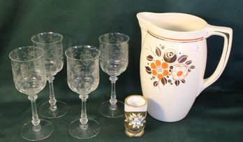 Gilded & Enameled White & Clear Glass 3.5'H Cordial,  4 Etched 8'h Stems,  Large 10'H Pitcher (316)