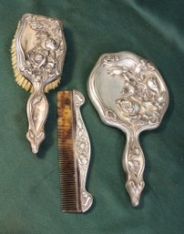 Antique Art Nouveau  Fancy 3 Pc. Silver Plate Vanity Set - Mirror, Brush & Comb  (31)