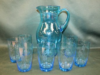 Vintage Blue Glass Water Set - Pitcher @ 10'H & 7 Glasses @ 4'H  (320)