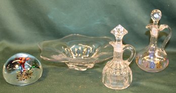 10' Clear Glass Bowl, 6'&7' Cruets, 3.5'd Glass Paperweight  (324)