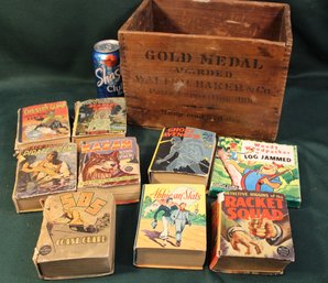 Gold Medal Wood Box & 8 Little Big Books, 3 8mm Movie Films From 30s & 40s  (325)