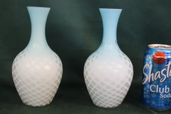 Antique Pair Hand Blown Cased Blue Satin Glass Vases W/diamond Pattern, 7.5'H  (327)