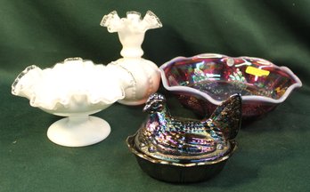 4 Pcs Fenton Glass - 9'd Butterfly & Berries Bowl, 6'H Vase, 4'H Compote & 5'x4'H Settin' Hen   (328)
