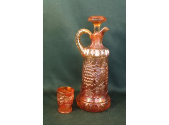 Northwood Gold Carnival Glass 'Grape & Gable' Whiskey Decanter (12'H) & Matching Shot Glass (3'H)  (328)