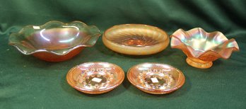 5 Pcs Carnival Glass - 7', 8'& 9.5' Bowls, Pair 5' Ashtrays (330)