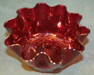 Antique Hand Blown Ruffled Edge Cranberry Glass Finger Bowl, 5'D  (330)