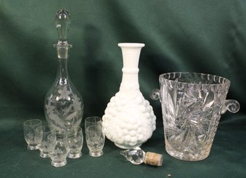 Etched Glass Decanter Set, White Glass Decanter (no Stopper), Pressed Glass Ice Bucket, Glass Stopper   (331)