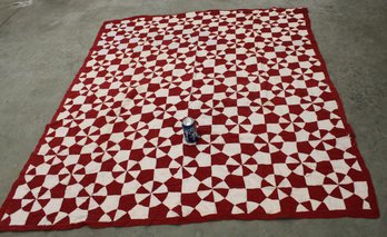 Antique Hand Stitched & Quilted  Red & White 'Pinwheel' Quilt, 64'x 70'  (335)