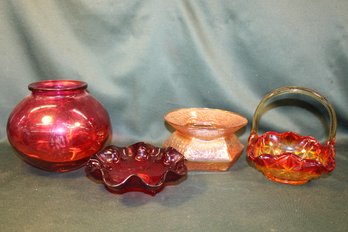 3 Colored Glass Bowls And Amberina Glass  Handled Basket  (341)