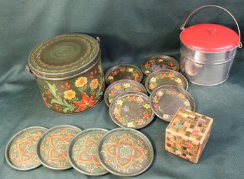 Toleware Pail 7'd And 4.5' & 5' Toleware Painted Coasters, 6'd Pail, 3'sq Box  (342)