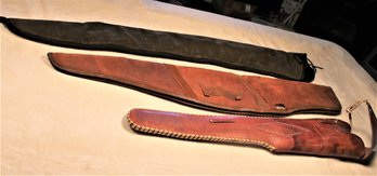 3 Rifle Cases - Leather 47', Cloth 55',  Embossed Leather Scabbard  36' Bubanks, Id.  (344)