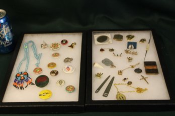 2 Riker Cases With Costume Jewelry, Coca Cola & Schlitz Emblems, Pin Back Buttons  (344)