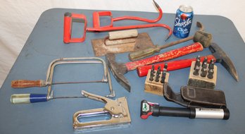 Assorted Old Tools - Hay Hooks, Hammers, Arrow Staple Gun, Coping Saws, More  (344)