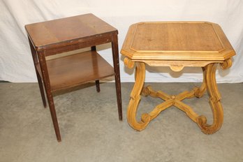 Antique 2 Side Tables - Oak 24'x 24'x 22'H & Walnut W/inlaid Top, 18' X 18'x 25'H  (345)