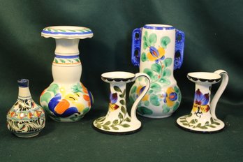 Antique Porcelain 2 Czech Vases 8'H & Pair Czech Candle Holders, Sm Vase  (345)